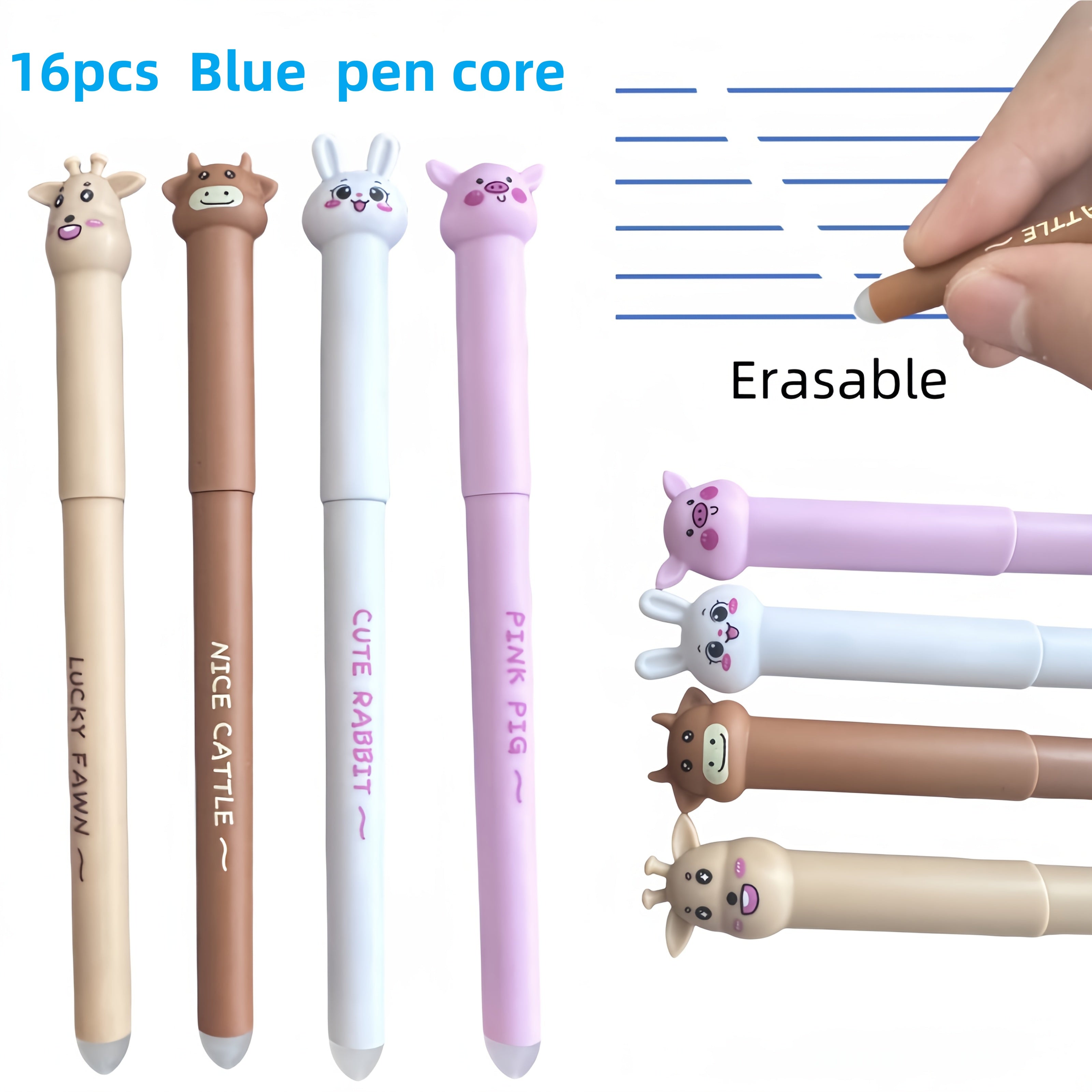 16pcs Set of Adorable Animal-Themed Erasable Pens Featuring a Cow, Pig, Rabbit, And Deer, Comes with Blue Ink Refills And Built-In Erasers, Ideal for Note-Taking And Writing, Making Them Perfect for Both Office And School Use