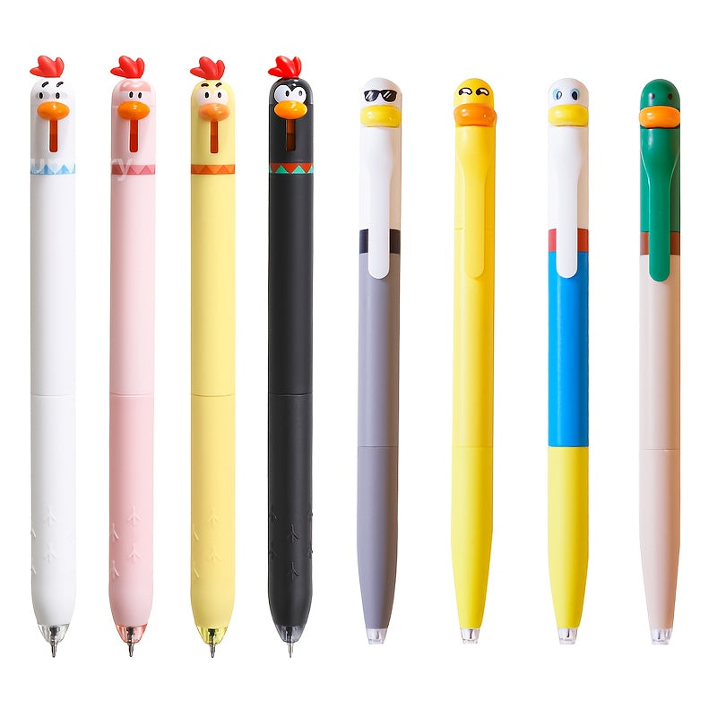 8 Pack Funny Cute Duck Chicken Gel Pens 0.5mm Black Ink Quick Dry Click Twist Combo ST Tip Extra Smooth for School Office, Study Tools, Office Stationery, Cute Design, Playful Pens, Quick Dry Ink, Ergonomic Grip, Gel Pen Set, Twist Mechanism, Creative