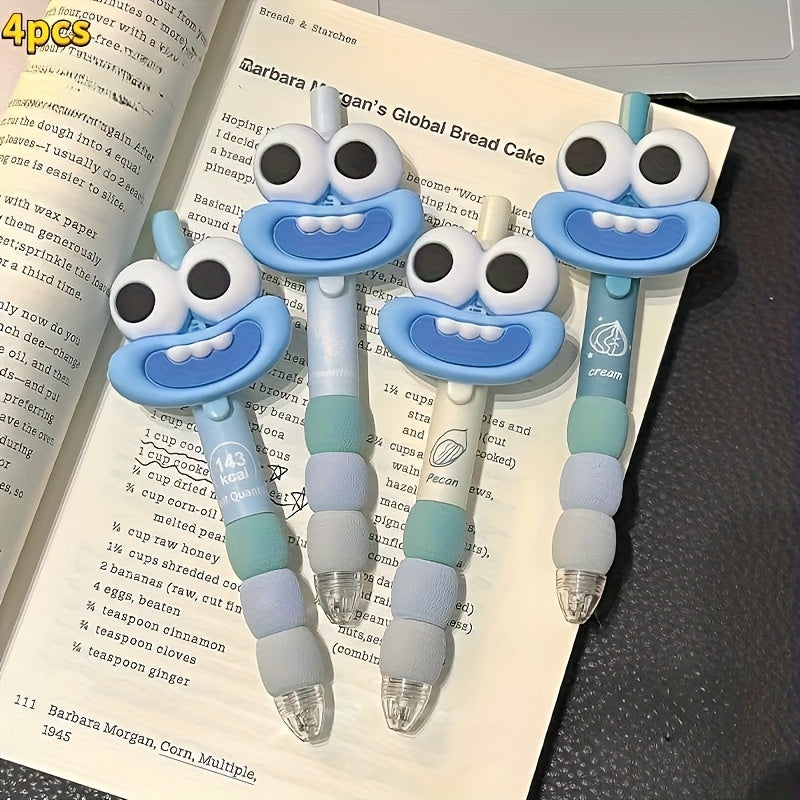4 cute big-eyed and big-mouthed funny pens, retractable medium-sized pen tips, black ink, plastic rubber handle, suitable for both hands, suitable for daily writing and office use, learning supplies, stationery, student prizes, lovely gifts for holiday