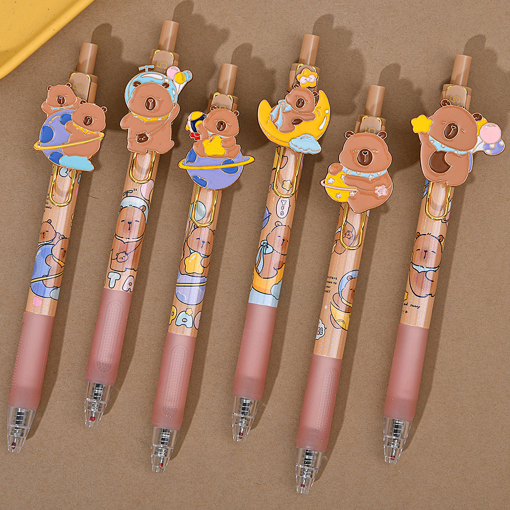 6pcs Capybara Gel Pen Set, Retractable Gel Pens with Brown Barrels, 0.5Mm Nibs, Back-To-School Stationery, Halloween And Christmas Stationery Gifts.