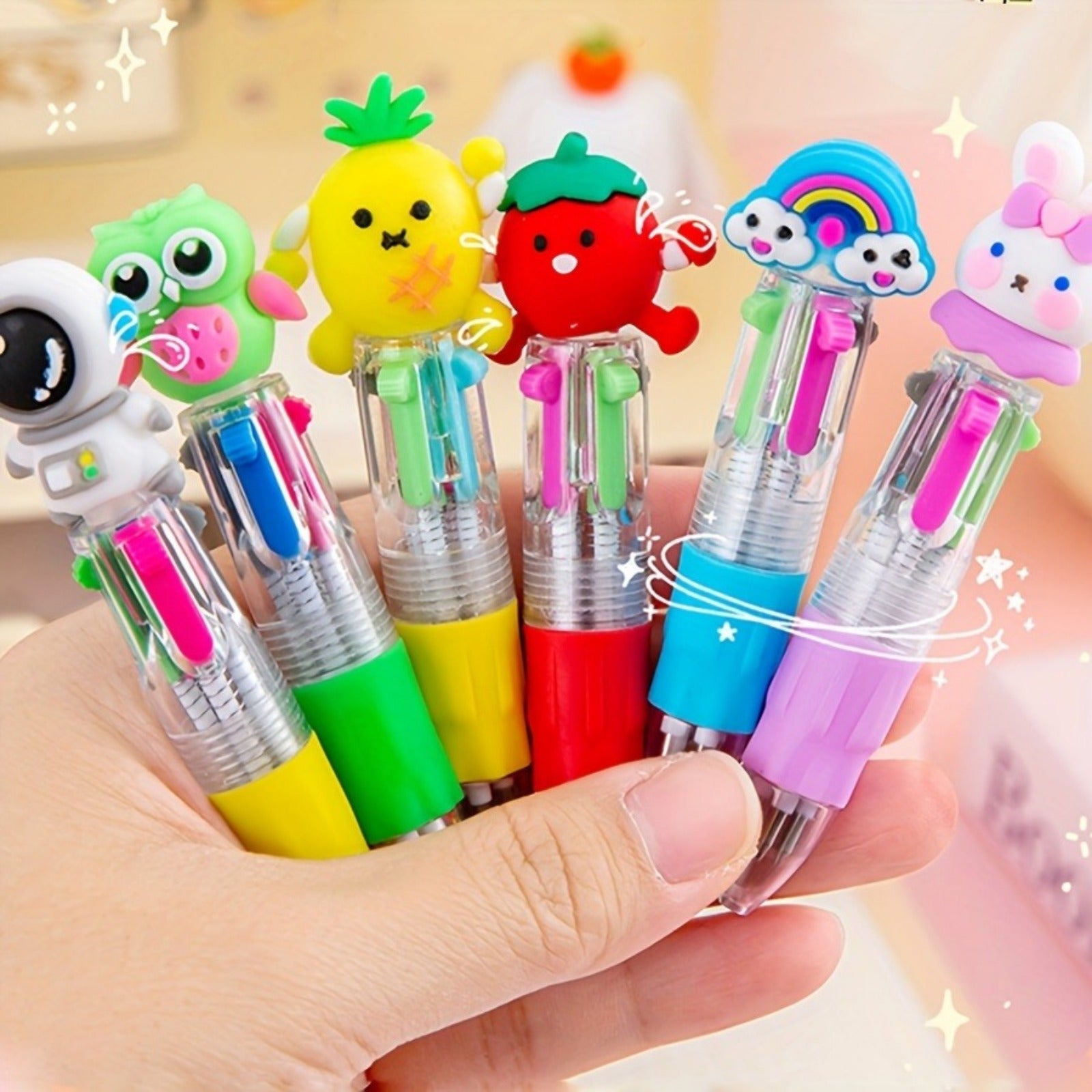 6/20pcs/set Cute Cartoon Mini Retractable Round Ballpoint Pens, 4-in-1 Colorful Round Ballpoint Pens, Medium Point, Oval Shape with Soft Silicone Grip, Suitable for School, Study Supplies, Prizes and Gifts