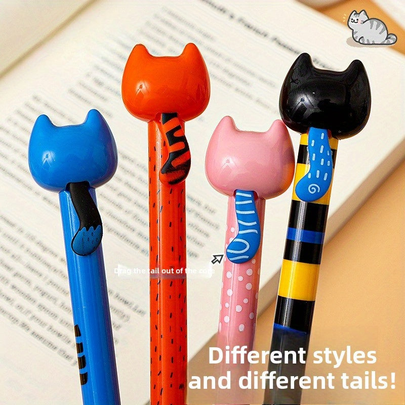 4pcs/ 1set Four different colors of funny cats pull-out gel pens, decompression office signature black pens, quick-drying writing pens, creative gel pens, can be used for writing and office work.