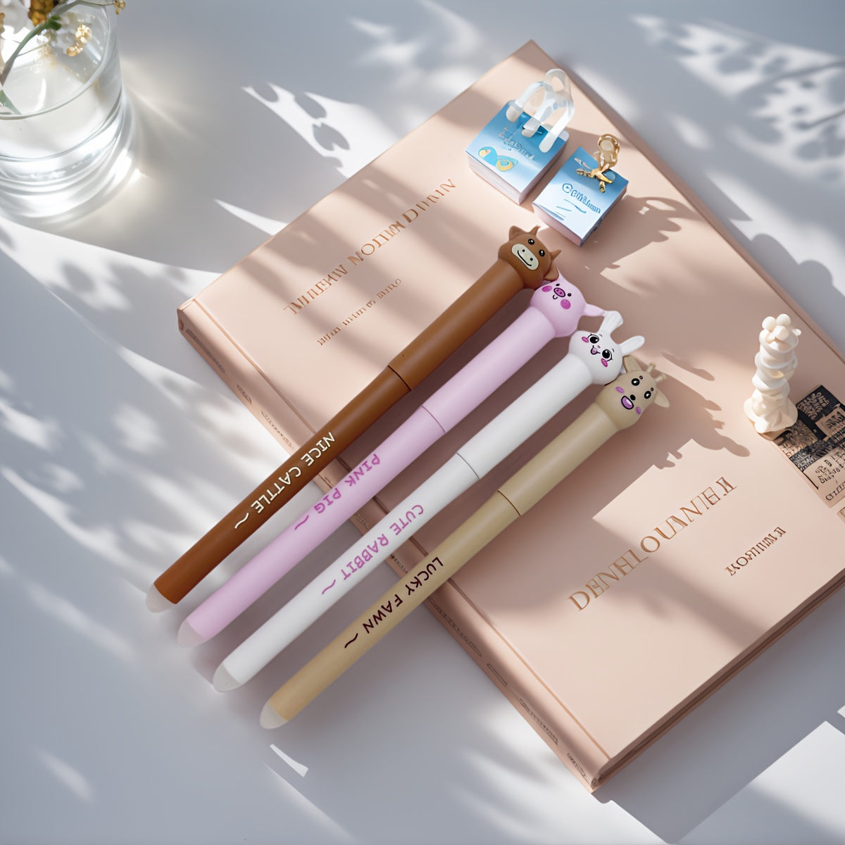 16pcs Set of Adorable Animal-Themed Erasable Pens Featuring a Cow, Pig, Rabbit, And Deer, Comes with Blue Ink Refills And Built-In Erasers, Ideal for Note-Taking And Writing, Making Them Perfect for Both Office And School Use