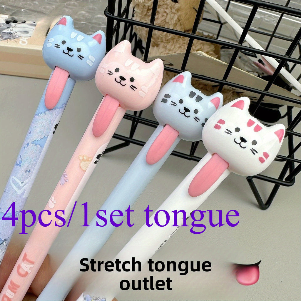 4pcs/ 1set Four different colors of funny cats pull-out gel pens, decompression office signature black pens, quick-drying writing pens, creative gel pens, can be used for writing and office work.