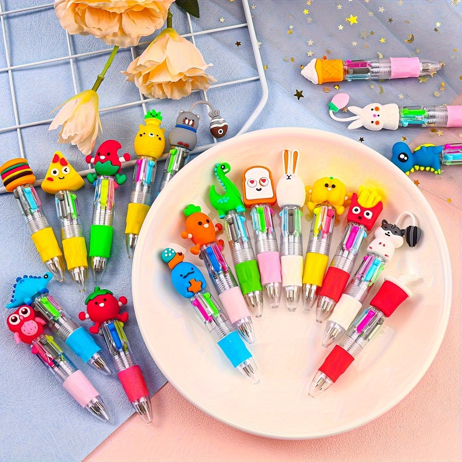 A Collection of 30 Charming And Delightful Retractable Ballpoint Pens Featuring an Ergonomic Round Body, Medium Nib, Made from PVC Material, with a Stick Pen Design, Showcasing Various Cute Patterns, Perfect for School And Office Use.