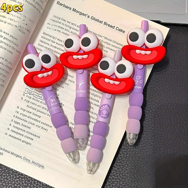 4 cute big-eyed and big-mouthed funny pens, retractable medium-sized pen tips, black ink, plastic rubber handle, suitable for both hands, suitable for daily writing and office use, learning supplies, stationery, student prizes, lovely gifts for holiday