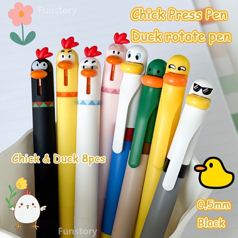 8 Pack Funny Cute Duck Chicken Gel Pens 0.5mm Black Ink Quick Dry Click Twist Combo ST Tip Extra Smooth for School Office, Study Tools, Office Stationery, Cute Design, Playful Pens, Quick Dry Ink, Ergonomic Grip, Gel Pen Set, Twist Mechanism, Creative