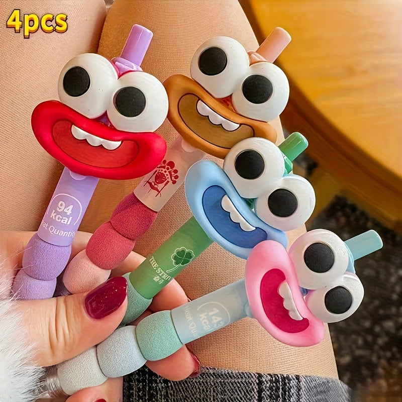 4-Pack Cute Cartoon Face Gel Pens with Retractable Medium Tips, Fun Big Eyes & Mouth Design, Assorted Colors (Pink, Purple, Green, Blue), Perfect for Writing, Office, School Supplies, and Party Gifts, Fun Writing Tools | Whimsical Gel Pen Design | Durable