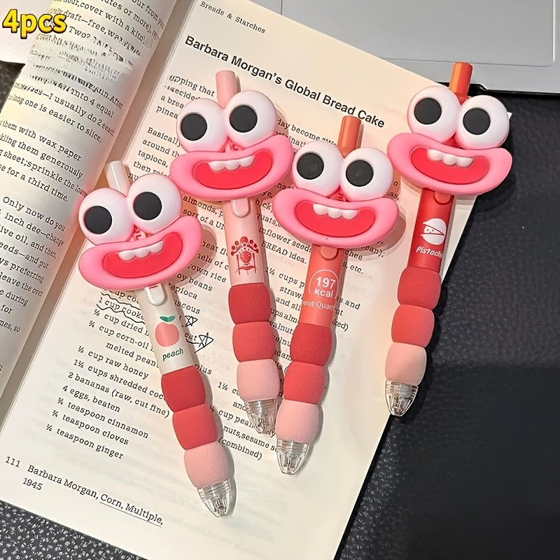4 cute big-eyed and big-mouthed funny pens, retractable medium-sized pen tips, black ink, plastic rubber handle, suitable for both hands, suitable for daily writing and office use, learning supplies, stationery, student prizes, lovely gifts for holiday