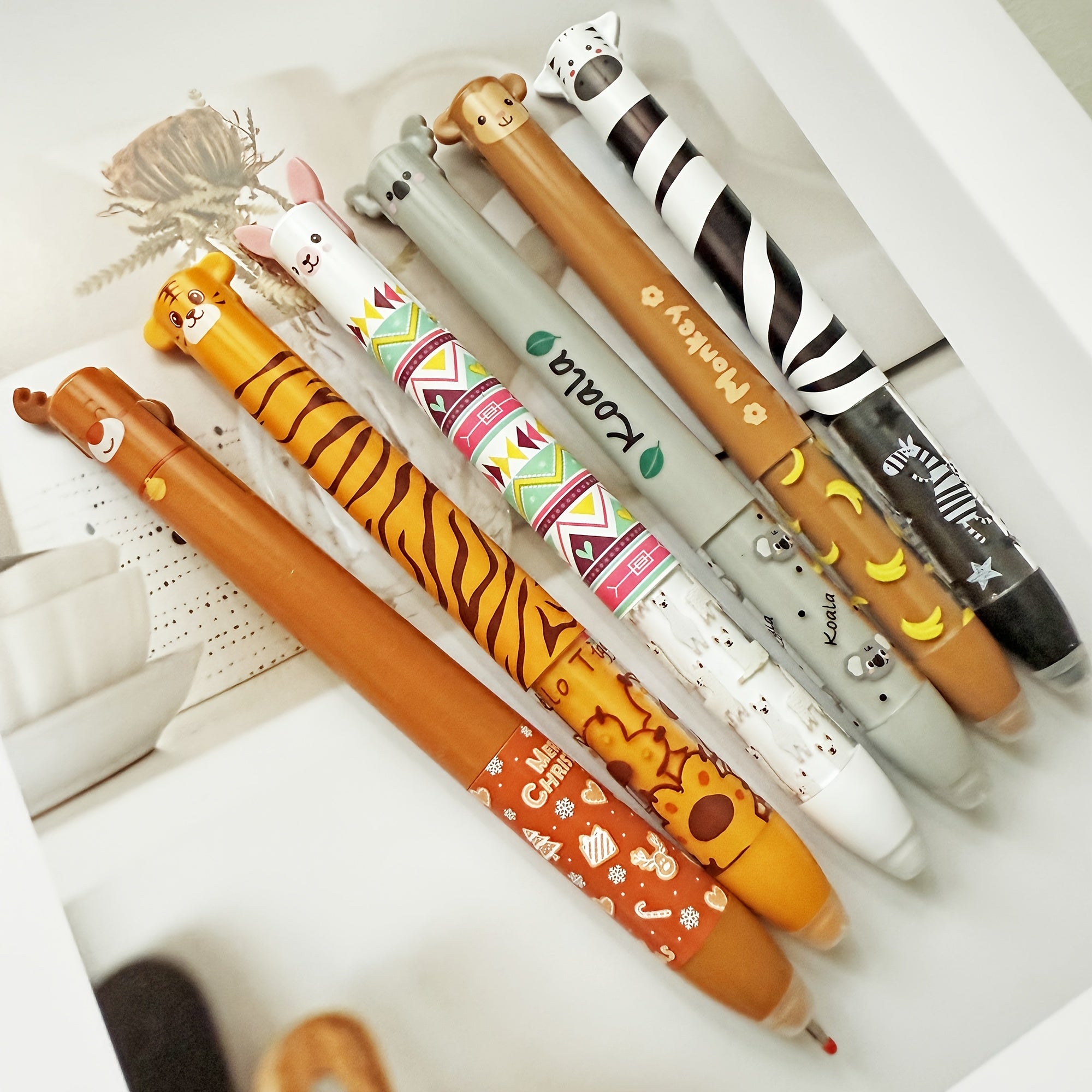 [Cute Gel Pens] 6pcs/12pcs Erasable Gel Pens, Double Retractable Clicks | Cute Zoo Theme, One Pen Two Colors Blue and Red Color Ink Pen with Eraser Clear, Smooth Writing for Journaling School & Office Supplies