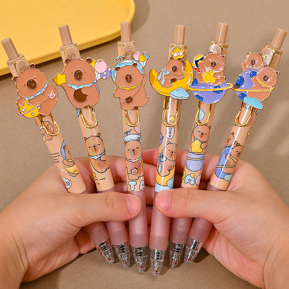 6pcs Capybara Gel Pen Set, Retractable Gel Pens with Brown Barrels, 0.5Mm Nibs, Back-To-School Stationery, Halloween And Christmas Stationery Gifts.