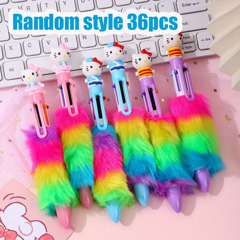 36 for hello kitty Cartoon Cute Sanrio 6-Color Plush Ballpoint Pen Set - Retractable, Fine Point, Durable Plastic, Ideal for Students & Office Use, Student Stationery Gift|Playful Design|Durable Plastic Pen, for Hello Kitty Accessories