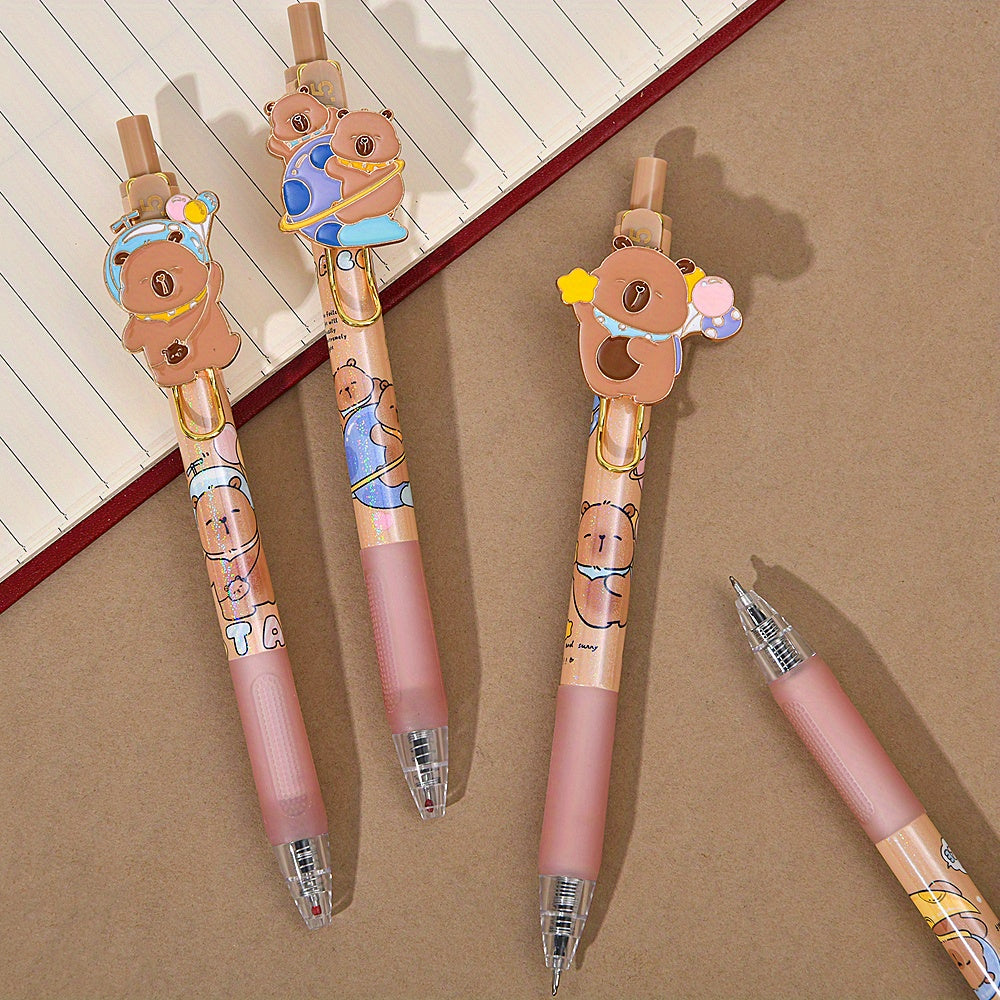 6pcs Capybara Gel Pen Set, Retractable Gel Pens with Brown Barrels, 0.5Mm Nibs, Back-To-School Stationery, Halloween And Christmas Stationery Gifts.