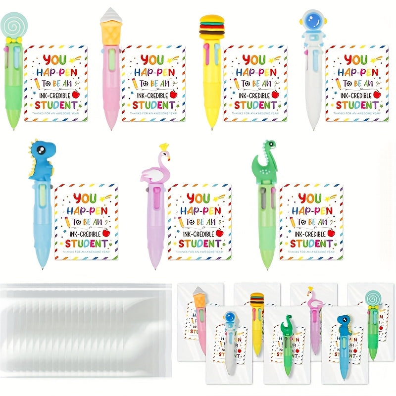 [Cute Cartoon Pens] 28 Sets of 84pcs 4-In-1 Multicolor Retractable Ballpoint Pens | Cute Cartoon End of Year Student Gifts with Gift Cards, Suitable for School Party Gifts and Bulk School Exchange Gifts