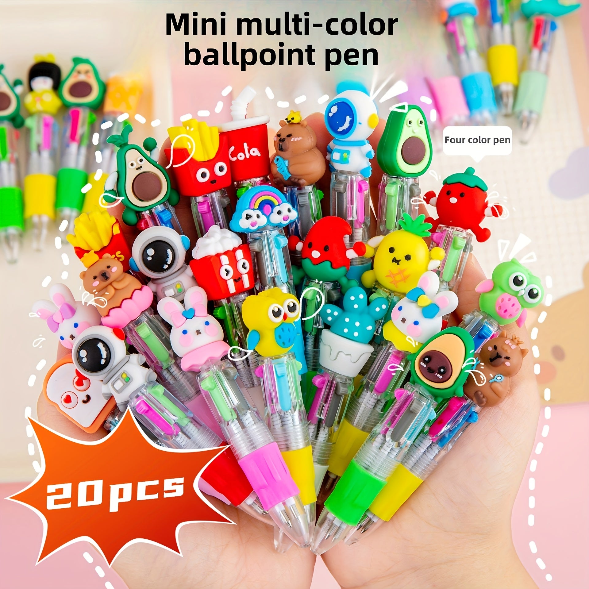 20 Cute Retractable Ballpoint Pens, Ergonomic Round Body, Mid-Point, PVC Material, Stick Structure, Various Cute Designs, Retractable Closed Type, Mid-Point Type, Ergonomic Features, Stick Structure Type, Plastic Material, for School And Office Supplies
