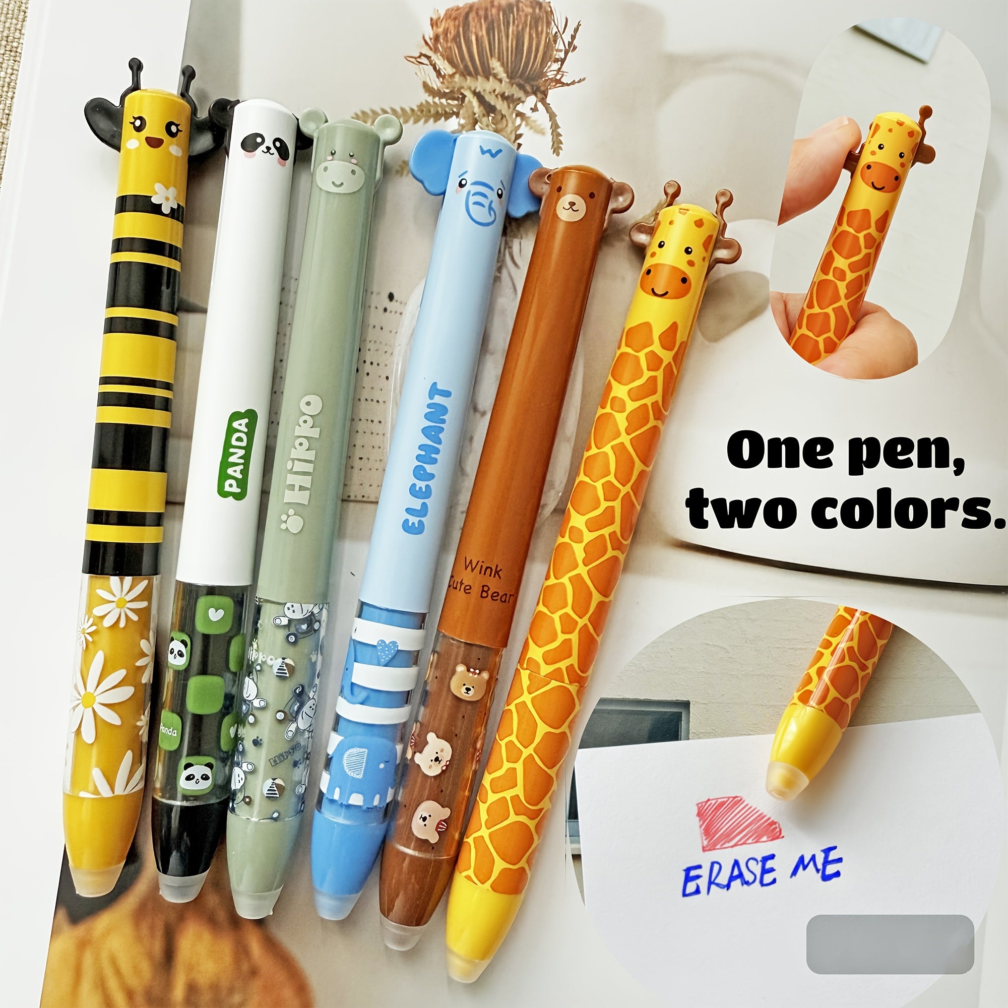 [Cute Gel Pens] 6pcs/12pcs Erasable Gel Pens, Double Retractable Clicks | Cute Zoo Theme, One Pen Two Colors Blue and Red Color Ink Pen with Eraser Clear, Smooth Writing for Journaling School & Office Supplies