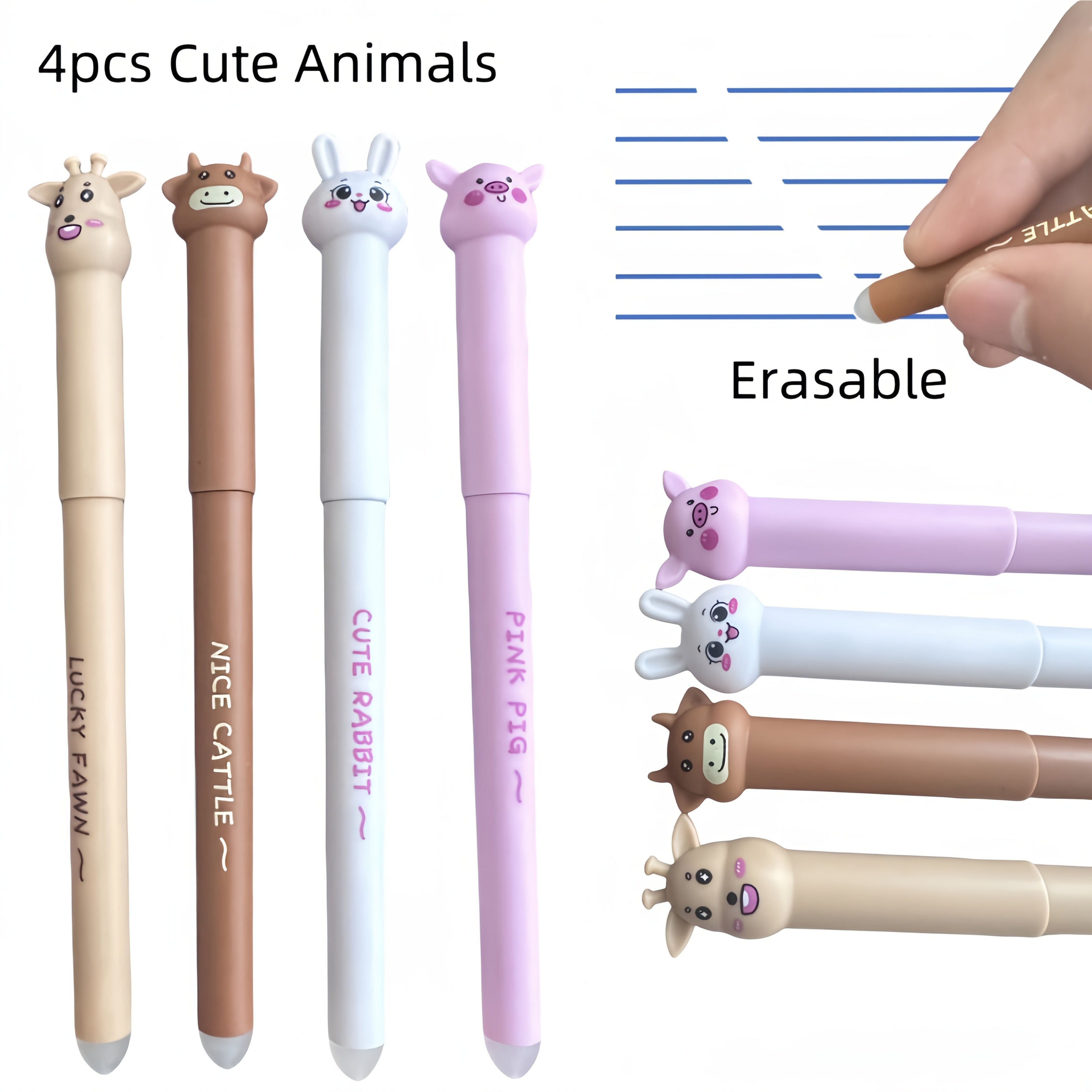 16pcs Set of Adorable Animal-Themed Erasable Pens Featuring a Cow, Pig, Rabbit, And Deer, Comes with Blue Ink Refills And Built-In Erasers, Ideal for Note-Taking And Writing, Making Them Perfect for Both Office And School Use