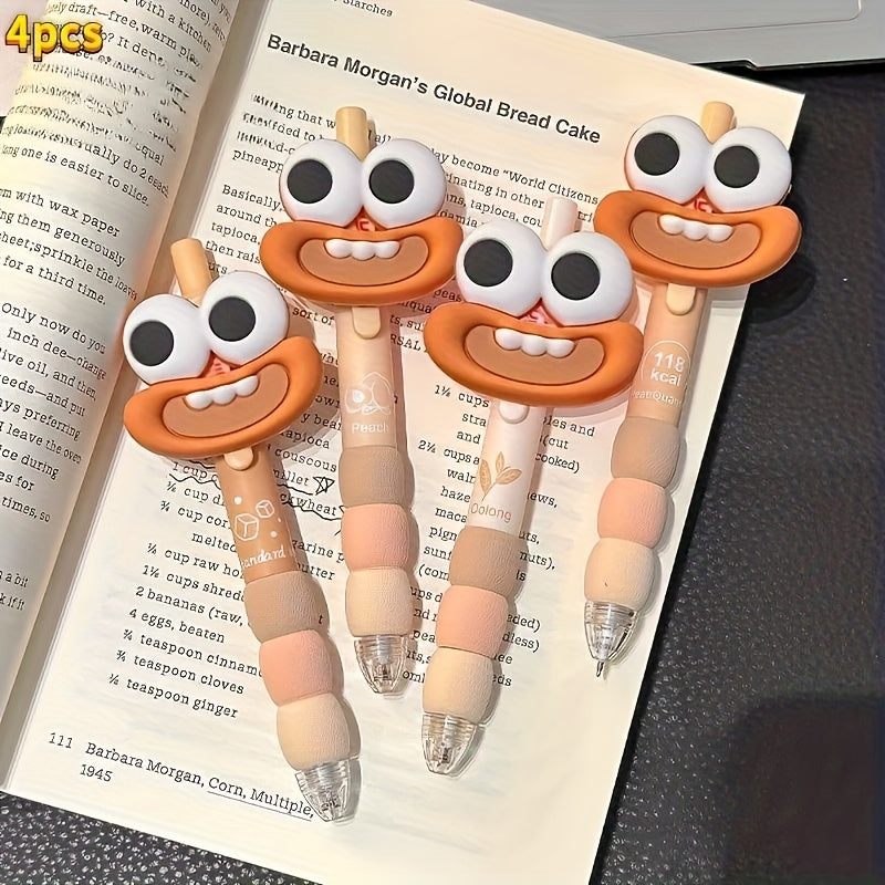 4 cute big-eyed and big-mouthed funny pens, retractable medium-sized pen tips, black ink, plastic rubber handle, suitable for both hands, suitable for daily writing and office use, learning supplies, stationery, student prizes, lovely gifts for holiday