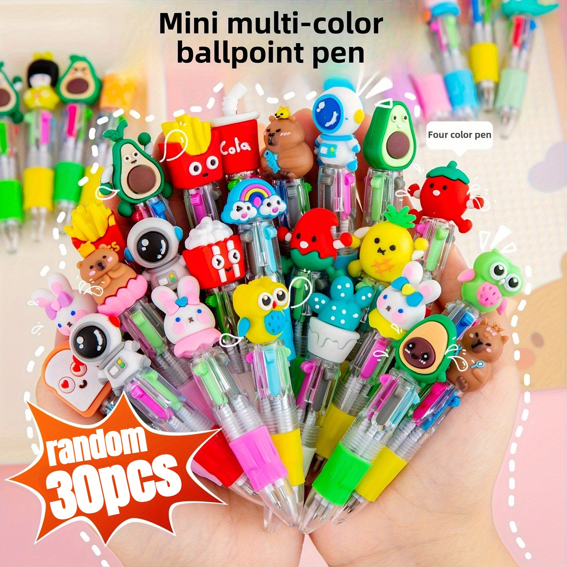 A Collection of 30 Charming And Delightful Retractable Ballpoint Pens Featuring an Ergonomic Round Body, Medium Nib, Made from PVC Material, with a Stick Pen Design, Showcasing Various Cute Patterns, Perfect for School And Office Use.