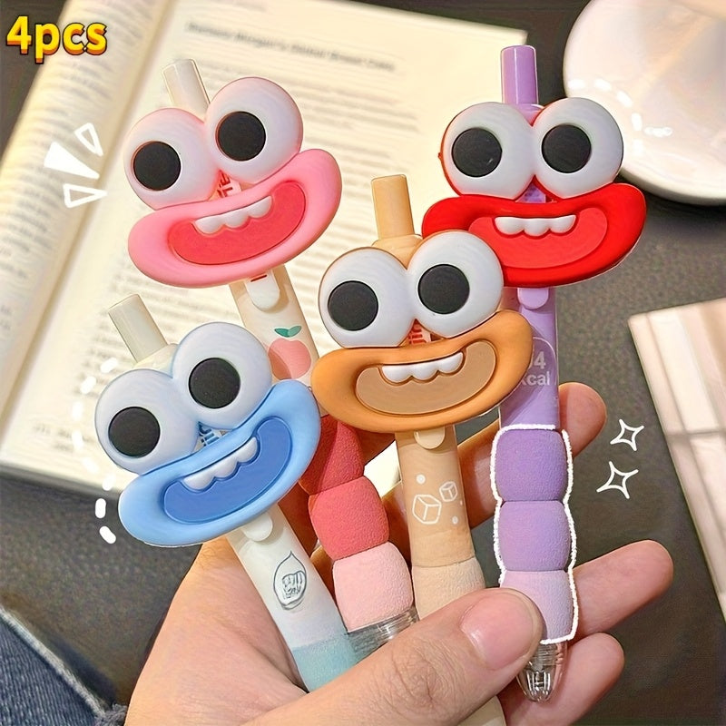 4 cute big-eyed and big-mouthed funny pens, retractable medium-sized pen tips, black ink, plastic rubber handle, suitable for both hands, suitable for daily writing and office use, learning supplies, stationery, student prizes, lovely gifts for holiday