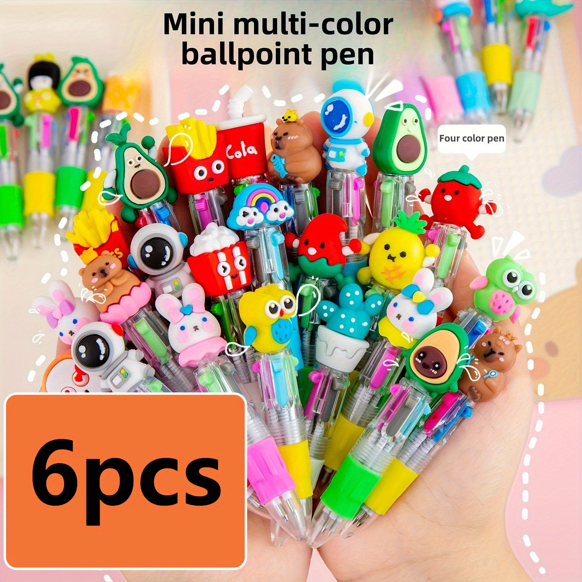 6pcs Cute Retractable Ballpoint Pens, Ergonomic Round Body, Medium Nib, PVC Material, Stick Pen Structure, Assorted Adorable Designs (Cupcake, Robot, Starfish, etc.), Ideal for School & Office Supplies, Cute Pens