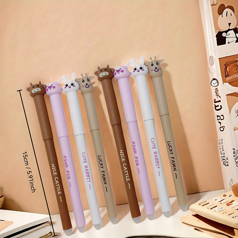 16pcs Set of Adorable Animal-Themed Erasable Pens Featuring a Cow, Pig, Rabbit, And Deer, Comes with Blue Ink Refills And Built-In Erasers, Ideal for Note-Taking And Writing, Making Them Perfect for Both Office And School Use