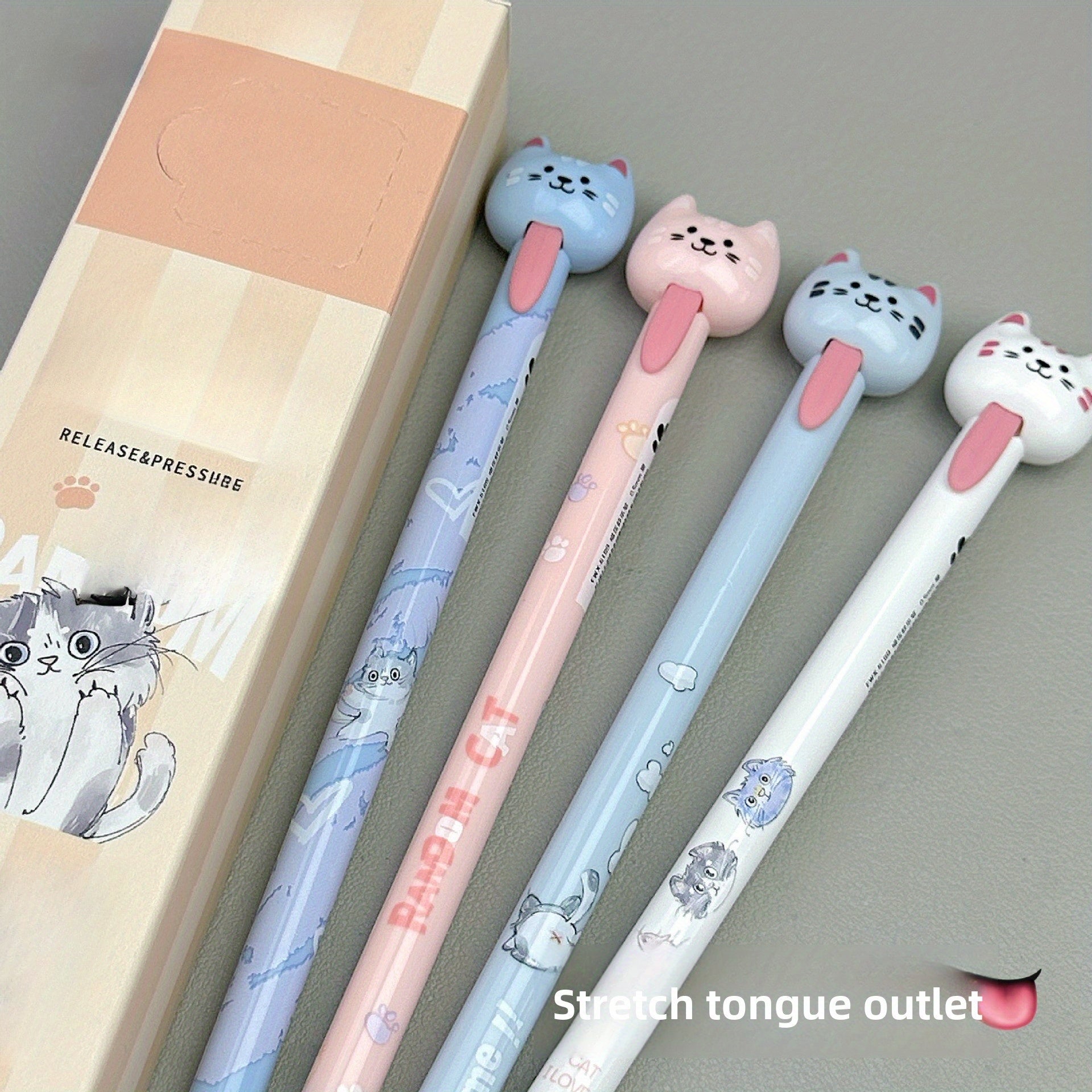 4pcs/ 1set Four different colors of funny cats pull-out gel pens, decompression office signature black pens, quick-drying writing pens, creative gel pens, can be used for writing and office work.