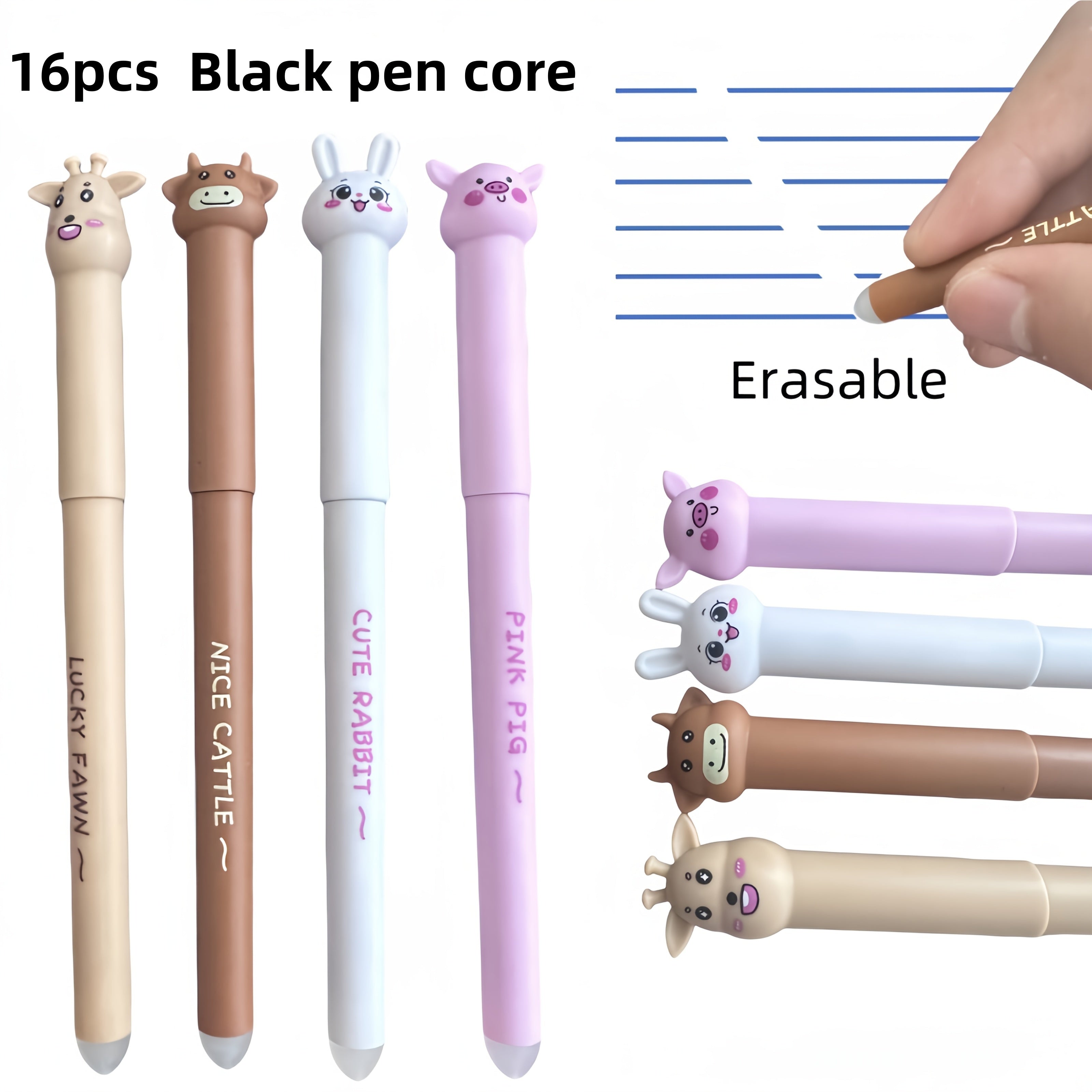 16pcs Set of Adorable Animal-Themed Erasable Pens Featuring a Cow, Pig, Rabbit, And Deer, Comes with Blue Ink Refills And Built-In Erasers, Ideal for Note-Taking And Writing, Making Them Perfect for Both Office And School Use