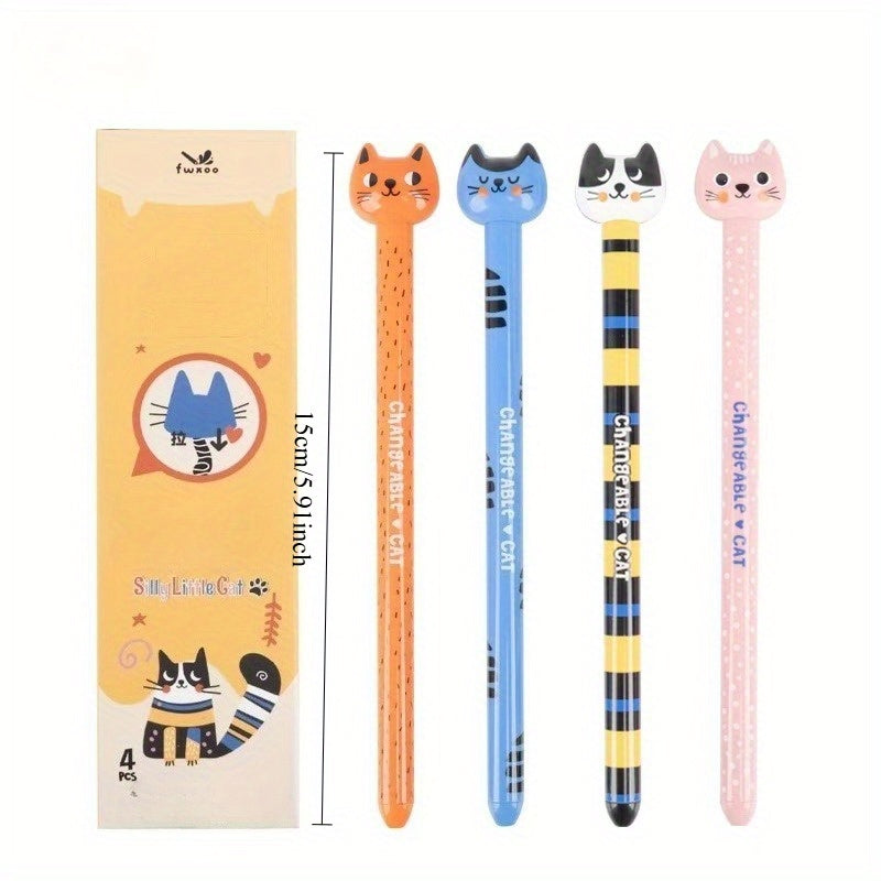 4pcs/ 1set Four different colors of funny cats pull-out gel pens, decompression office signature black pens, quick-drying writing pens, creative gel pens, can be used for writing and office work.