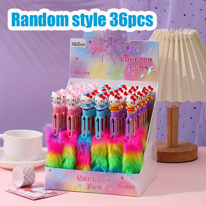 36 for hello kitty Cartoon Cute Sanrio 6-Color Plush Ballpoint Pen Set - Retractable, Fine Point, Durable Plastic, Ideal for Students & Office Use, Student Stationery Gift|Playful Design|Durable Plastic Pen, for Hello Kitty Accessories