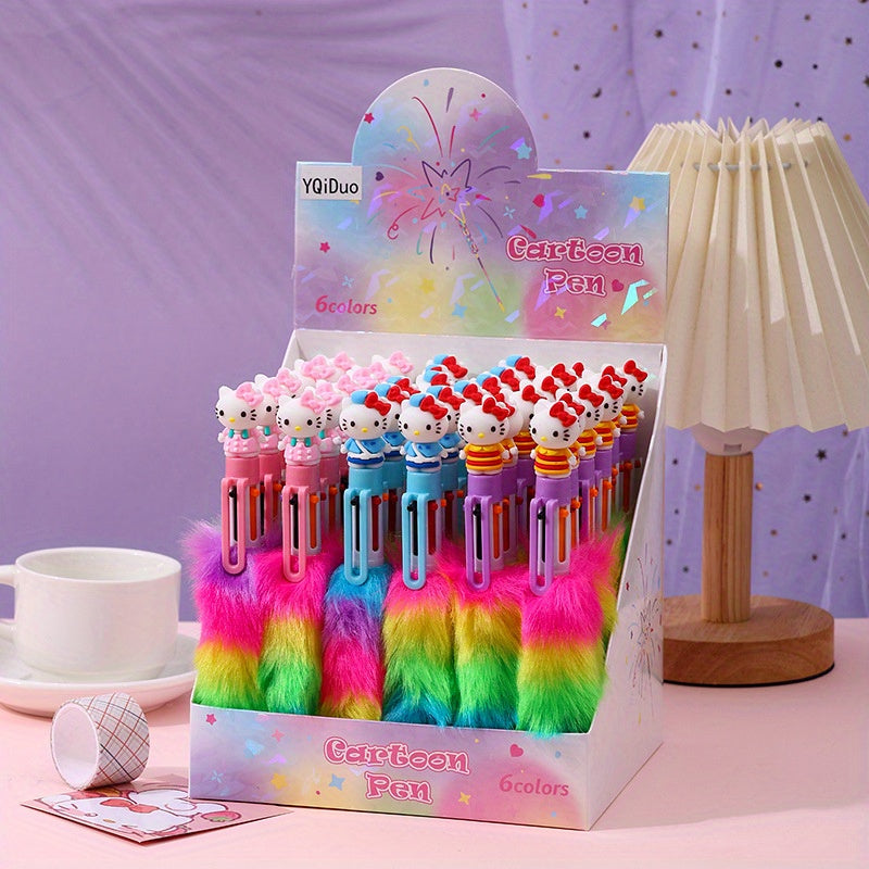 36 for hello kitty Cartoon Cute Sanrio 6-Color Plush Ballpoint Pen Set - Retractable, Fine Point, Durable Plastic, Ideal for Students & Office Use, Student Stationery Gift|Playful Design|Durable Plastic Pen, for Hello Kitty Accessories